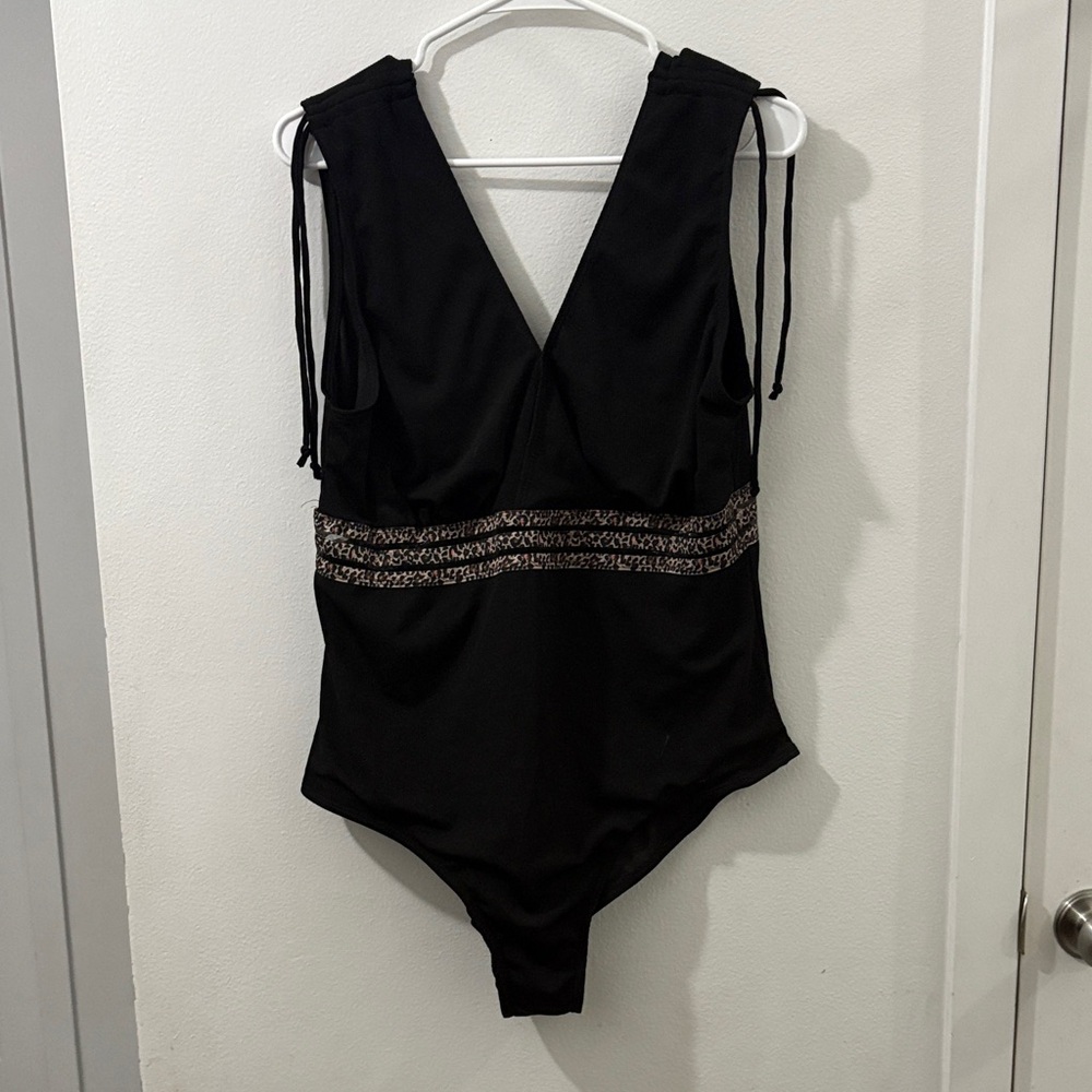 Black V-Neck Swimsuit with Sheer and Cheetah Print Details